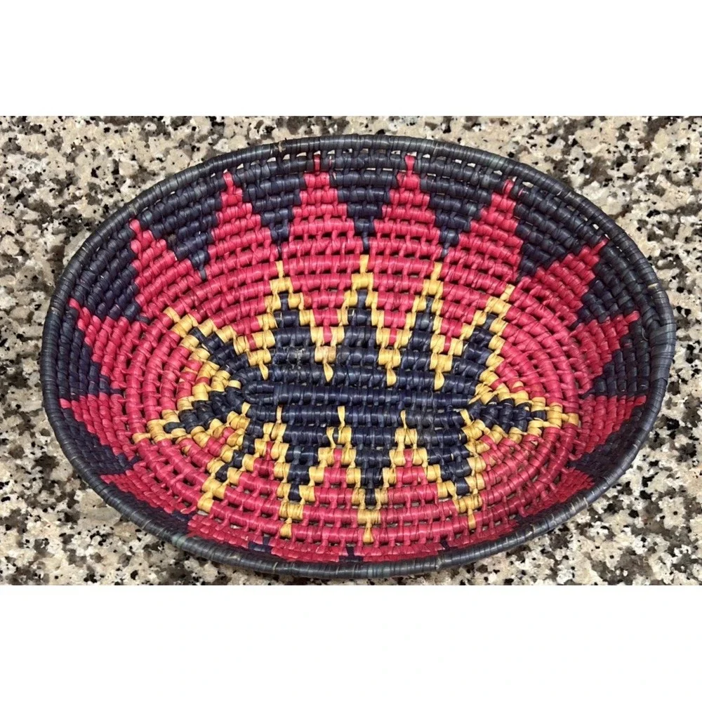 Southwestern/Mexican Jute Coil Weave Basket Colorful Pink Blue Oval 11.5